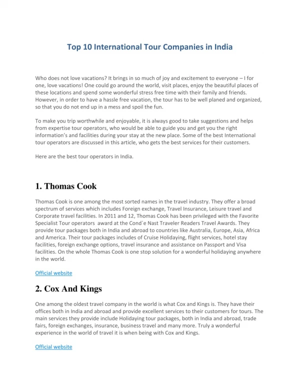 Top 10 International Tour Companies in India