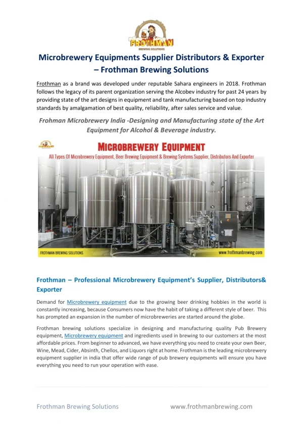 Microbrewery Equipments Supplier Distributors & Exporter – Frothman Brewing Solutions
