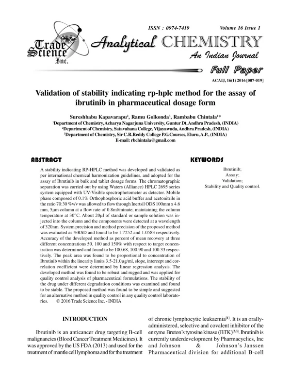 Validation of stability indicating rp-hplc method for the assay of ibrutinib in pharmaceutical dosage