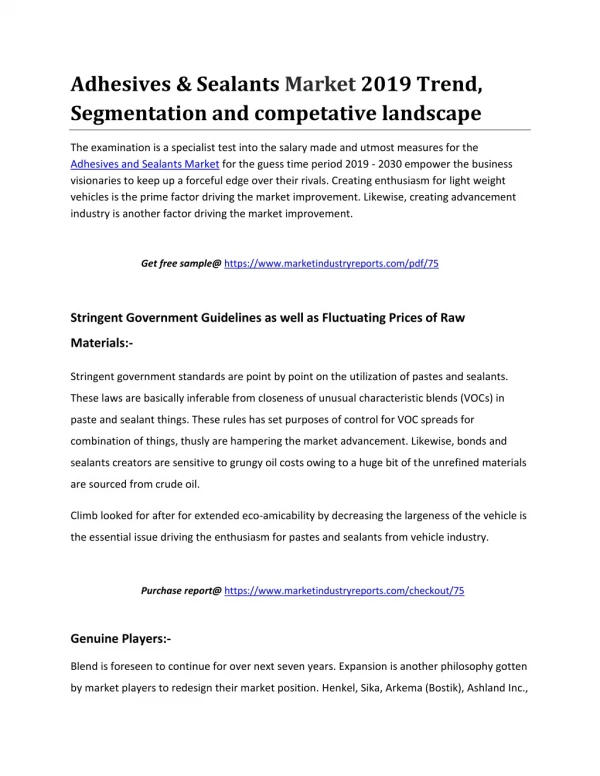 Adhesives & Sealants Market 2019 Trend, Segmentation and competative landscape