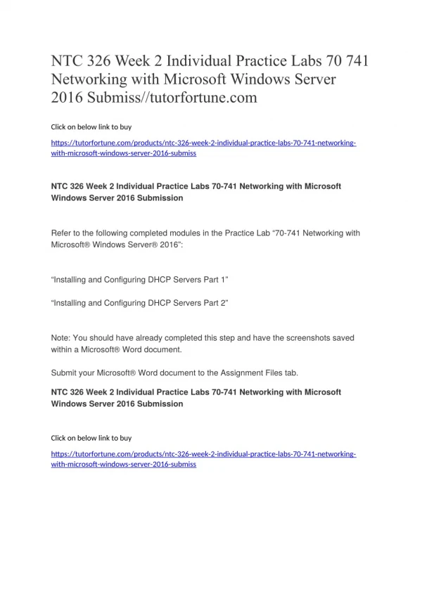 NTC 326 Week 2 Individual Practice Labs 70 741 Networking with Microsoft Windows Server 2016 Submiss//tutorfortune.com