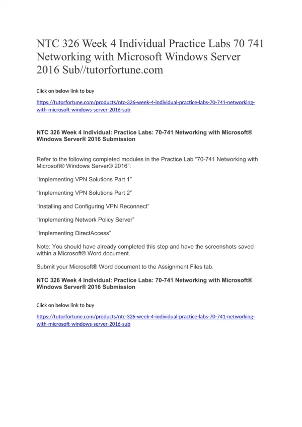 NTC 326 Week 4 Individual Practice Labs 70 741 Networking with Microsoft Windows Server 2016 Sub//tutorfortune.com