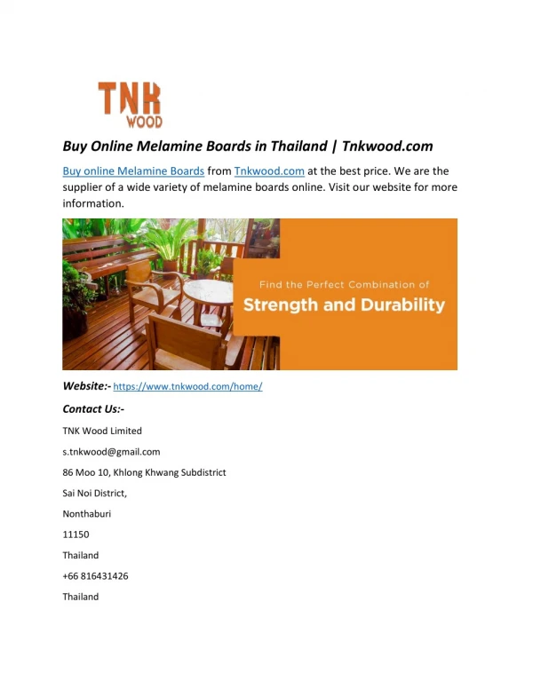 Buy Online Melamine Boards in Thailand | Tnkwood.com
