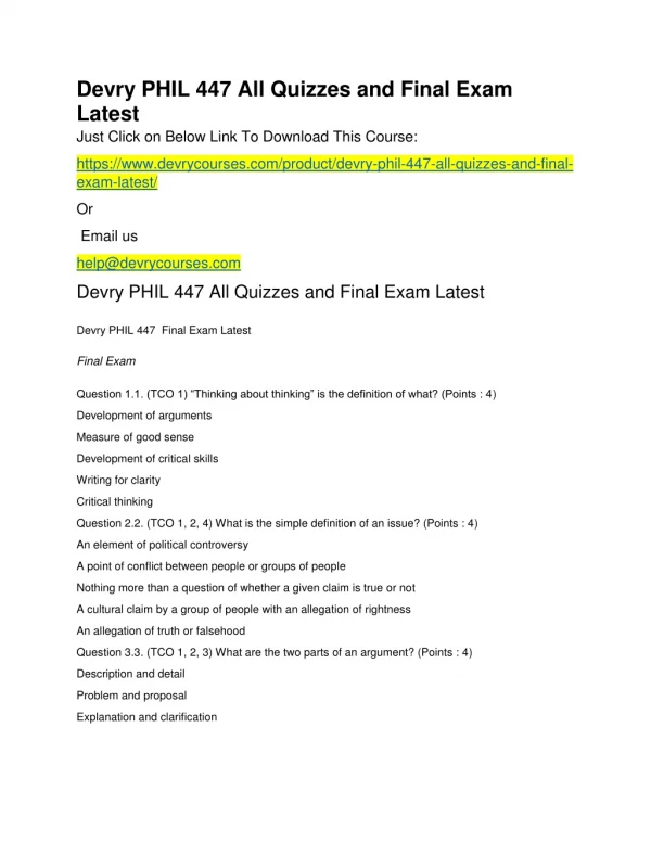 Devry PHIL 447 All Quizzes and Final Exam Latest