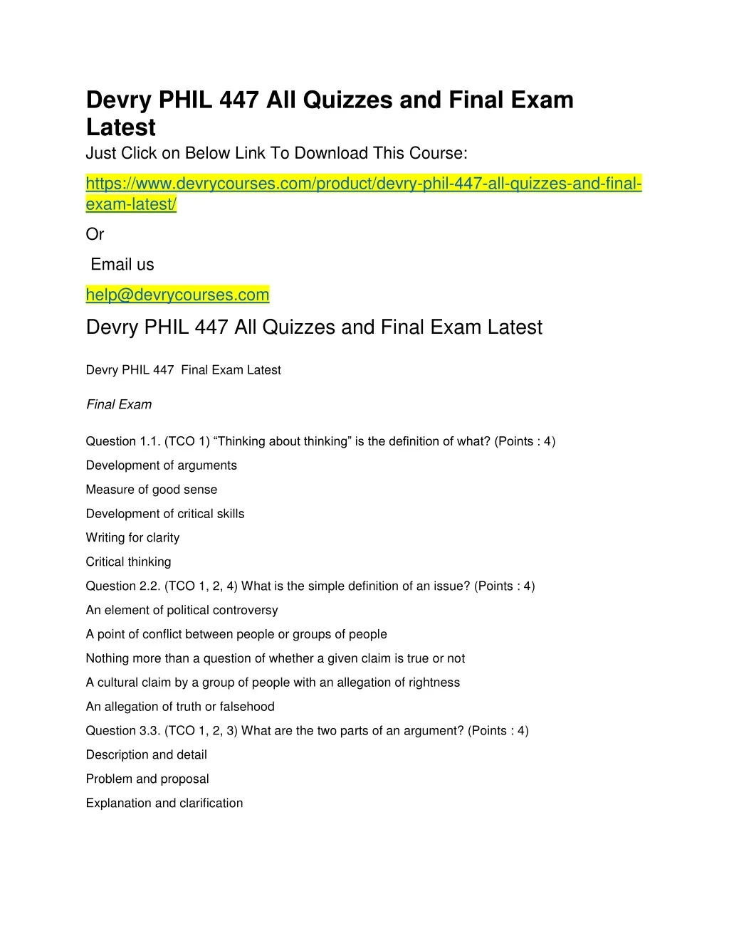 devry phil 447 all quizzes and final exam latest