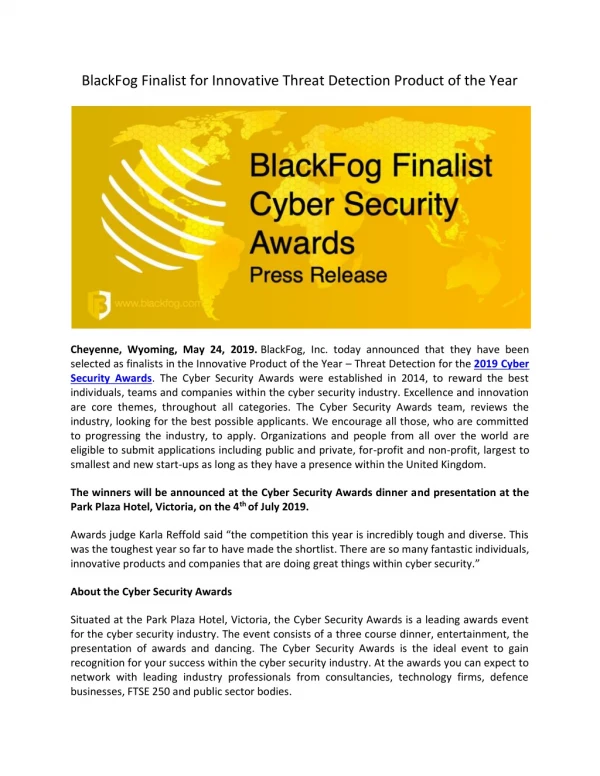 BlackFog Finalist for Innovative Threat Detection Product of the Year