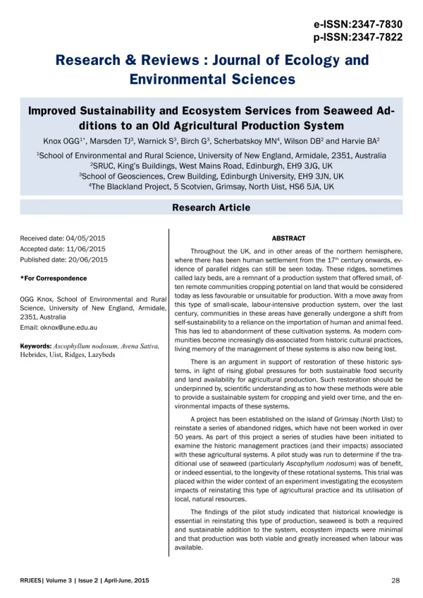 Improved Sustainability and Ecosystem Services from Seaweed Additions to an Old Agricultural Production System