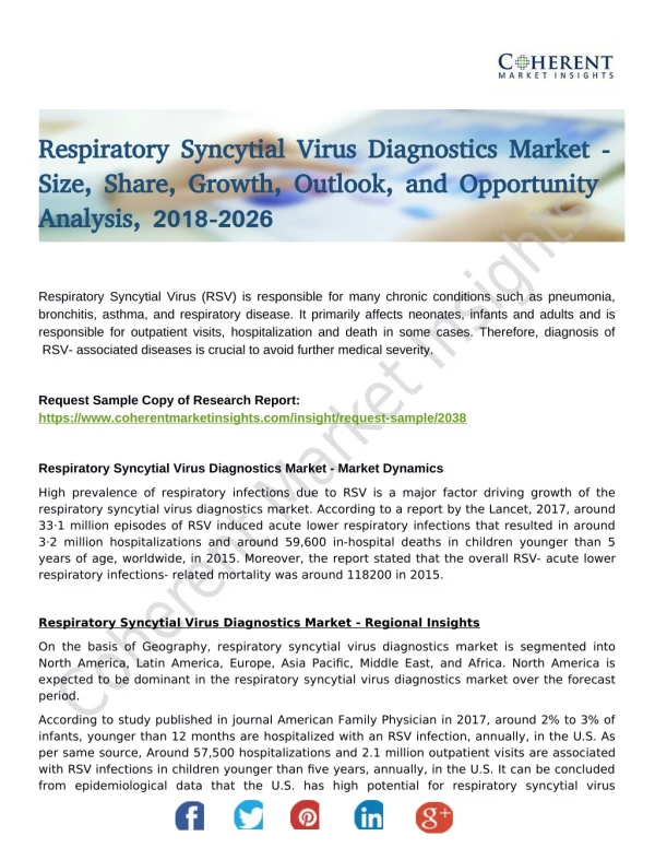 Respiratory Syncytial Virus Diagnostics Market - North America and APAC Is Envisaged to Leverage Its Significant CAGR Ga