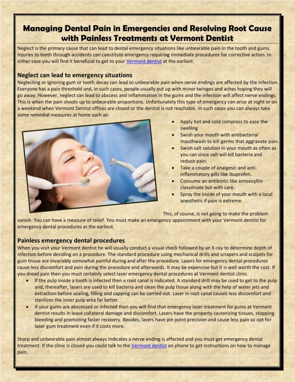 Managing Dental Pain in Emergencies and Resolving Root Cause with Painless Treatments at Vermont Dentist