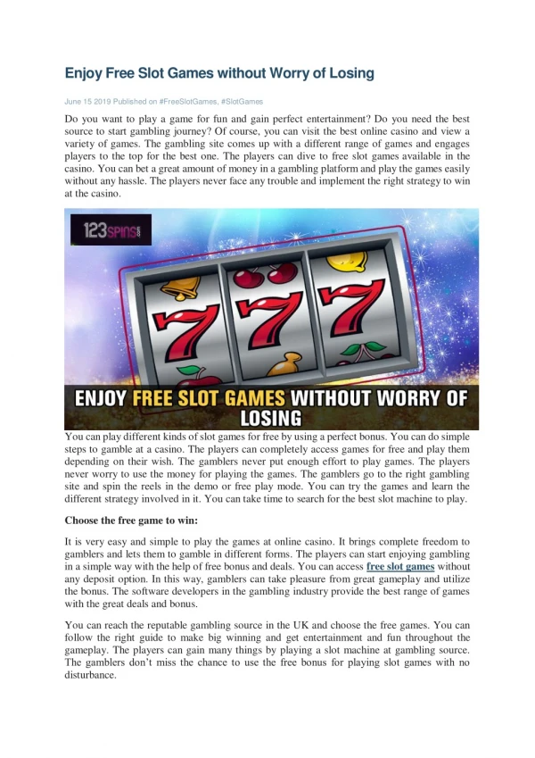 Enjoy Free Slot Games without Worry of Losing