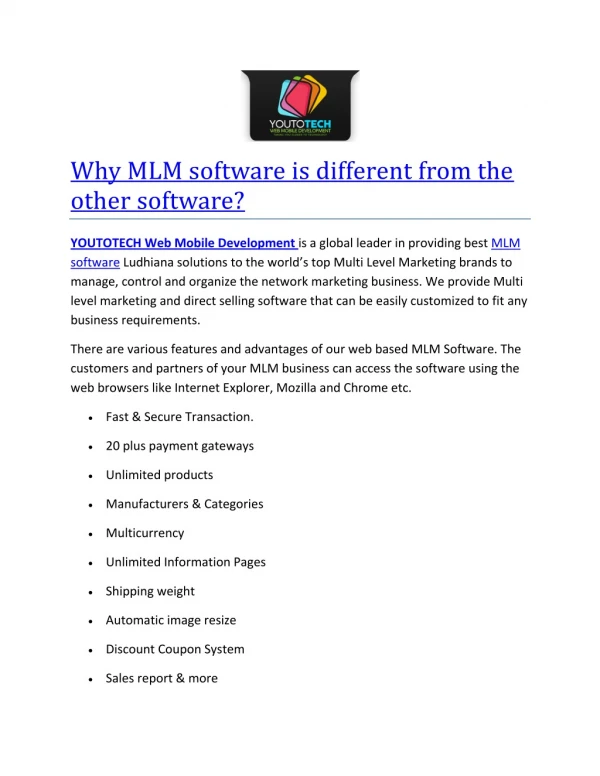 Why MLM software is different from the other software? (YOUTOTECH Web Mobile Development)