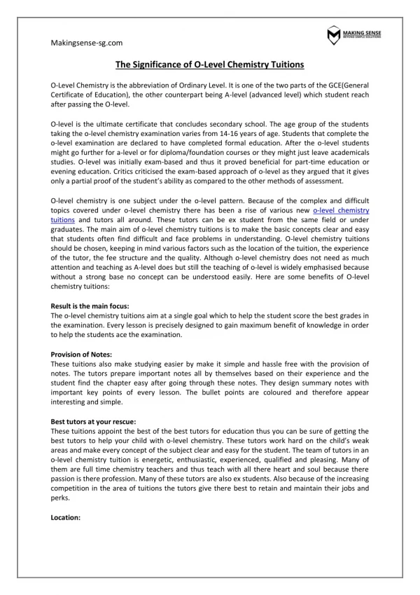 The Significance of O-Level Chemistry Tuitions