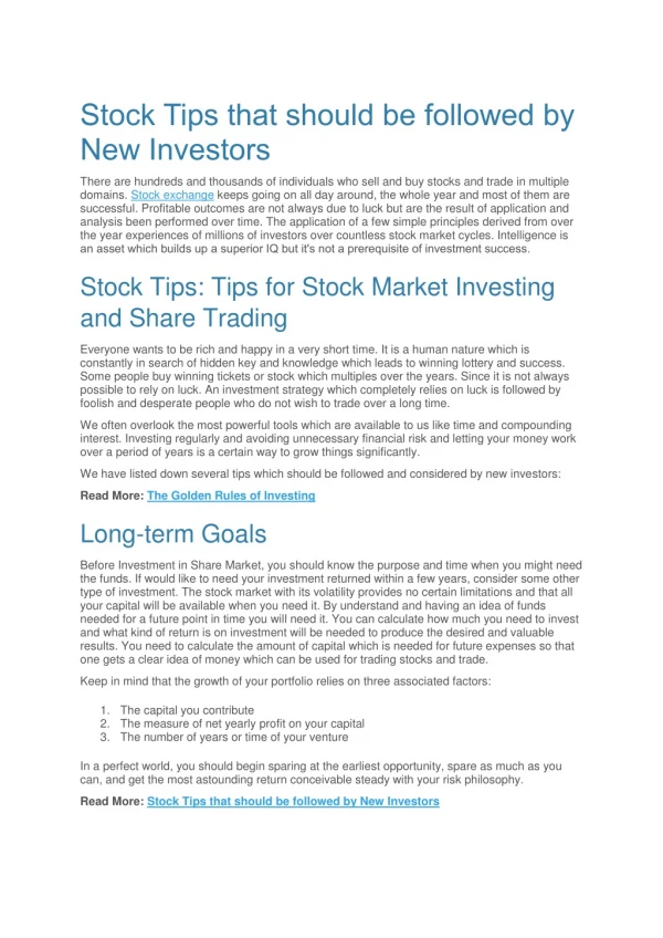 Stock Tips that should be followed by New Investors