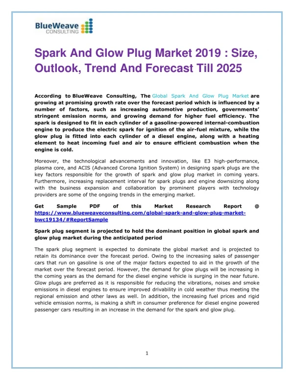 Spark And Glow Plug Market 2019 : Size, Outlook, Trend And Forecast Till 2025
