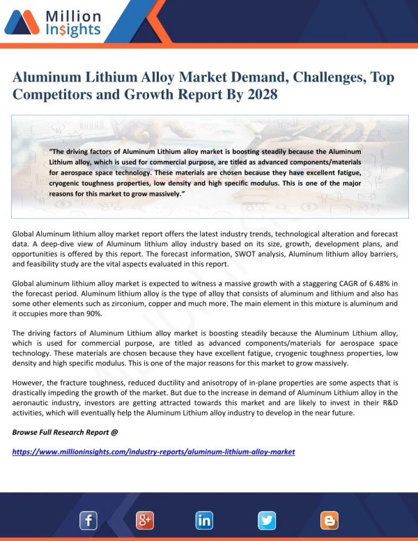 Aluminum Lithium Alloy Market Demand, Challenges, Top Competitors and Growth Report By 2028