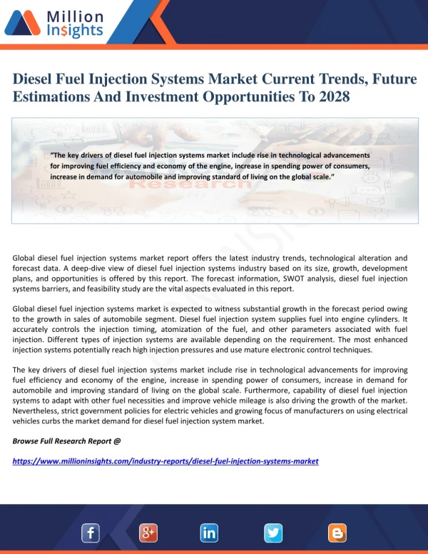 Diesel Fuel Injection Systems Market Current Trends, Future Estimations And Investment Opportunities To 2028