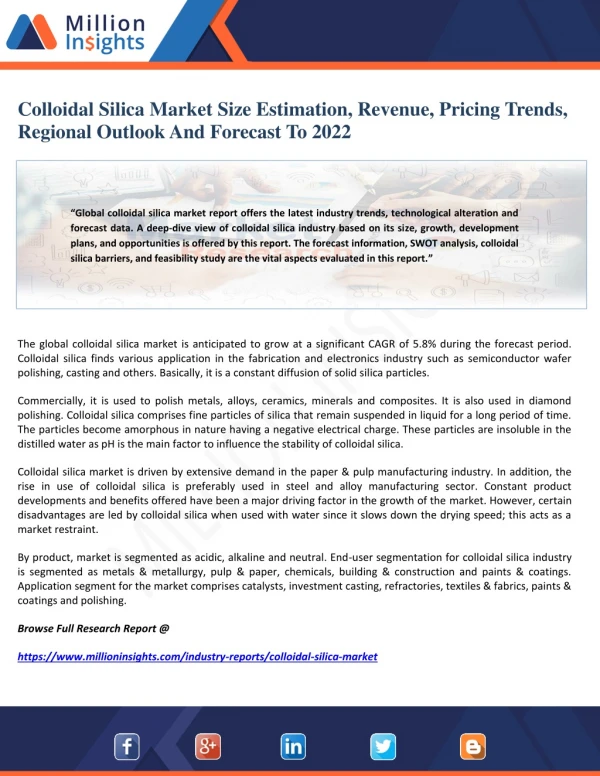 Colloidal Silica Market Size Estimation, Revenue, Pricing Trends, Regional Outlook And Forecast To 2022