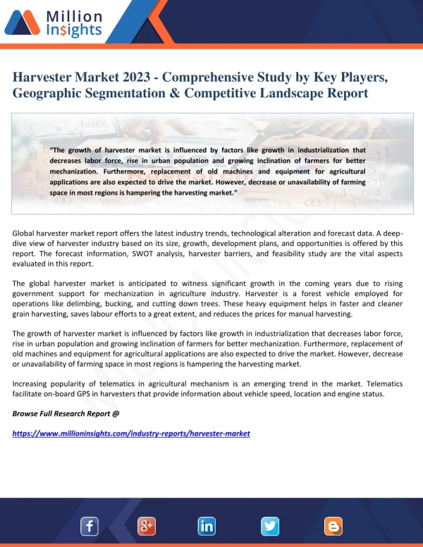 Harvester Market 2023 - Comprehensive Study by Key Players, Geographic Segmentation & Competitive Landscape Report