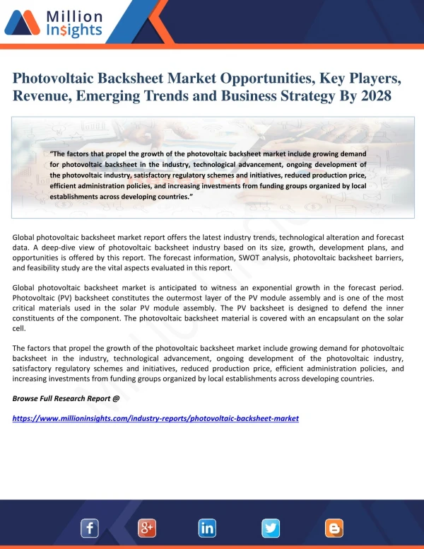Photovoltaic Backsheet Market Opportunities, Key Players, Revenue, Emerging Trends and Business Strategy By 2028
