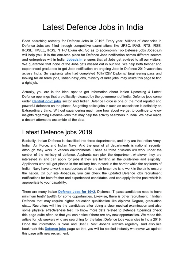 Latest Defence Jobs in India