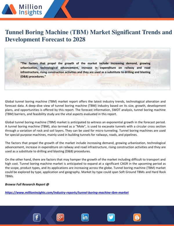 Tunnel Boring Machine (TBM) Market Significant Trends and Development Forecast to 2028