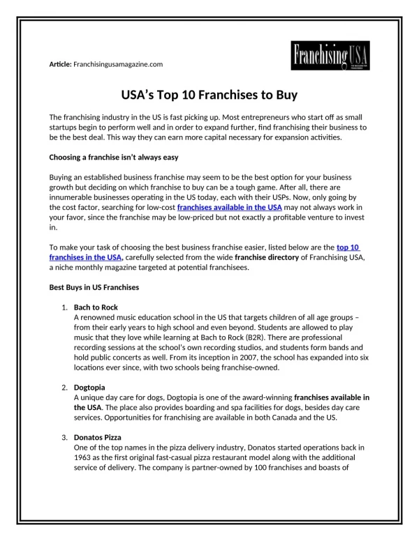 USA’s Top 10 Franchises to Buy
