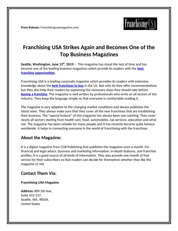 Franchising USA Strikes Again and Becomes One of the Top Business Magazines