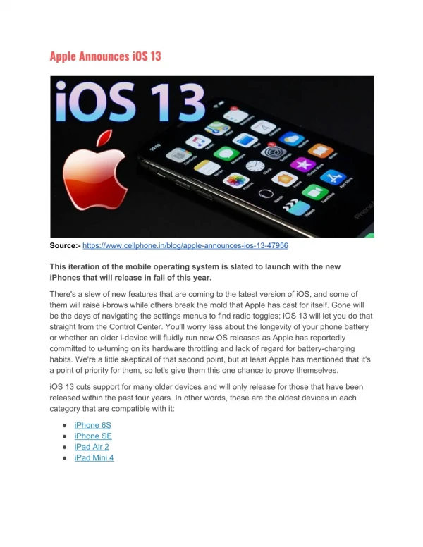 Apple Announces iOS 13