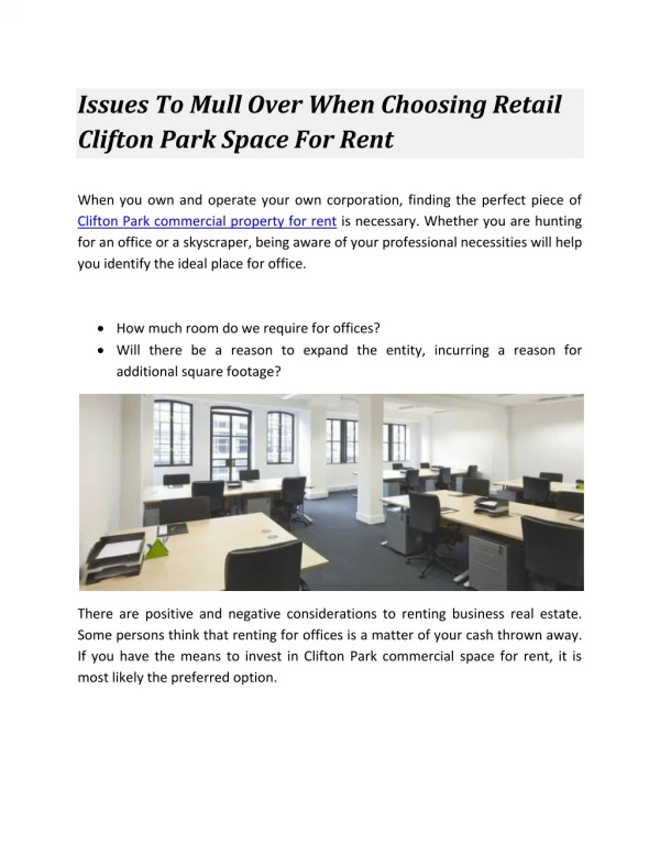 Issues To Mull Over When Choosing Retail Clifton Park Space For Rent