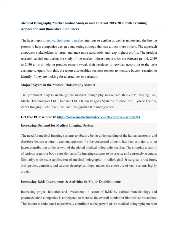 Medical Holography Market by Type, Application and End Users | Global Analysis and Forecast 2019-2030