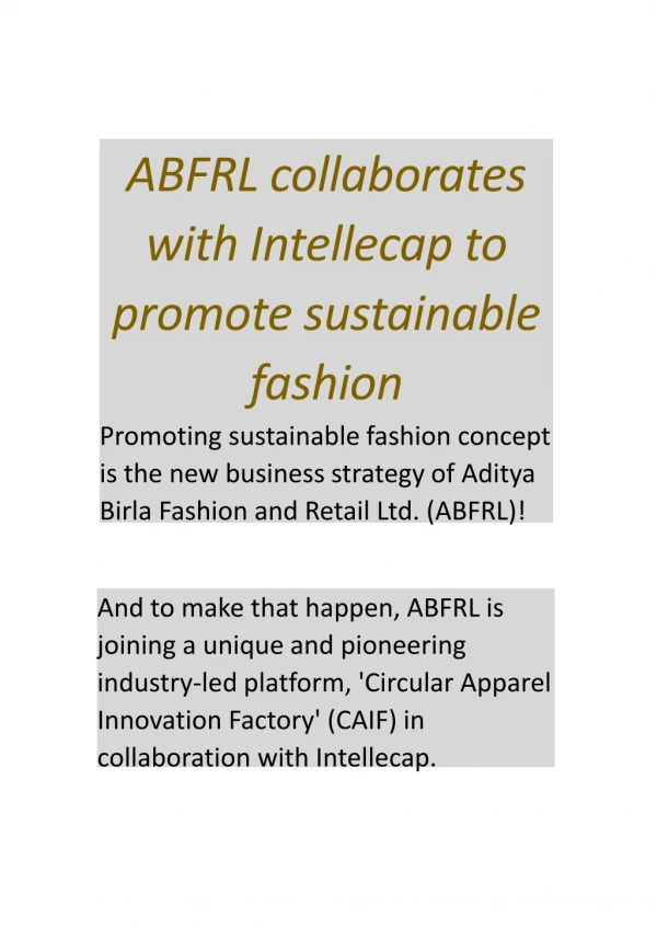 ABFRL collaborates with Intellecap to promote sustainable fashion
