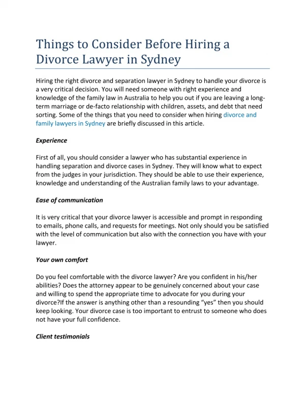 Things to Consider Before Hiring a Divorce Lawyer in Sydney