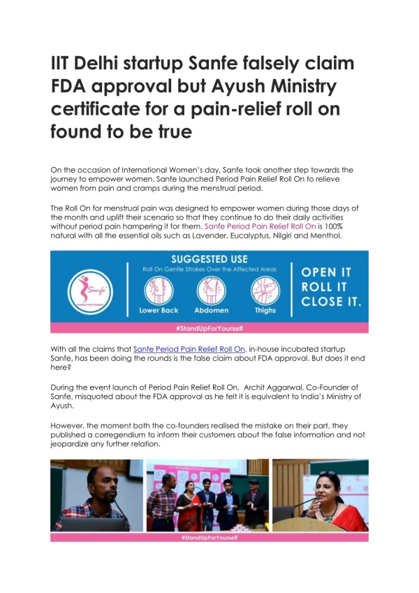 IIT Delhi startup Sanfe falsely claim FDA approval but Ayush Ministry certificate for a pain-relief roll on