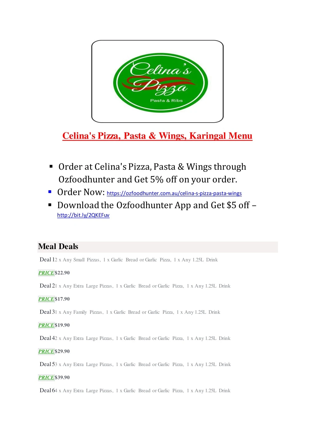 celina s pizza pasta wings karingal menu