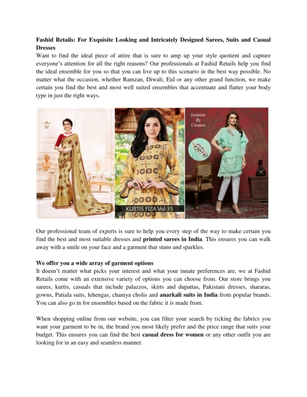 Fashid Retails: For Exquisite Looking and Intricately Designed Sarees, Suits and Casual Dresses