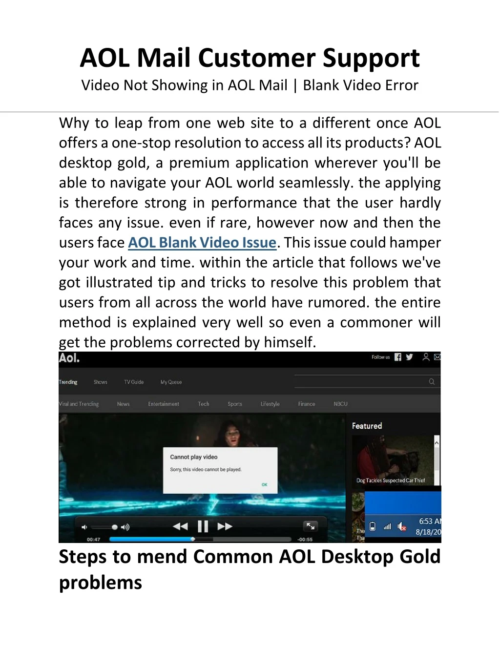 aol mail customer support video not showing