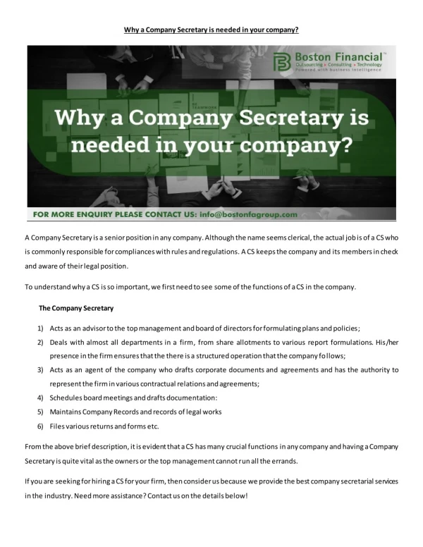 WHY A COMPANY SECRETARY IS NEEDED IN YOUR COMPANY?