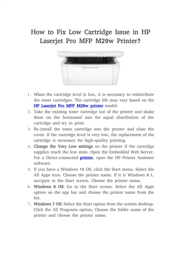 How to Fix Low Cartridge Issue on HP Laserjet Pro MFP M29w Printer?