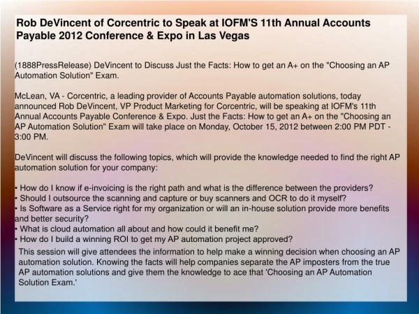 Rob DeVincent of Corcentric to Speak at IOFM'S 11th Annual A