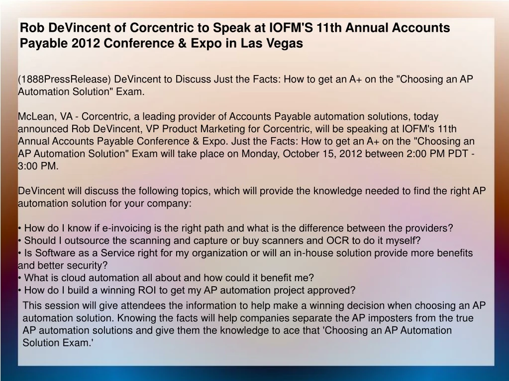 rob devincent of corcentric to speak at iofm