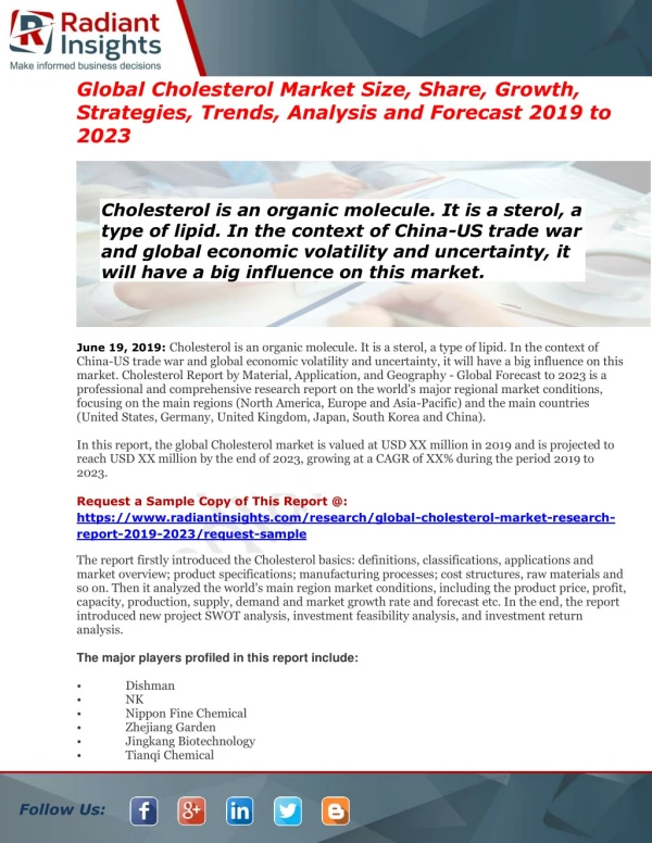 Cholesterol Market Segmentation, Opportunities, Trends & Future Scope 2019 to 2023