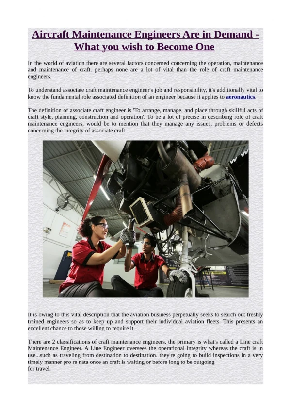 Aircraft Maintenance Engineers Are in Demand - What you wish to Become One