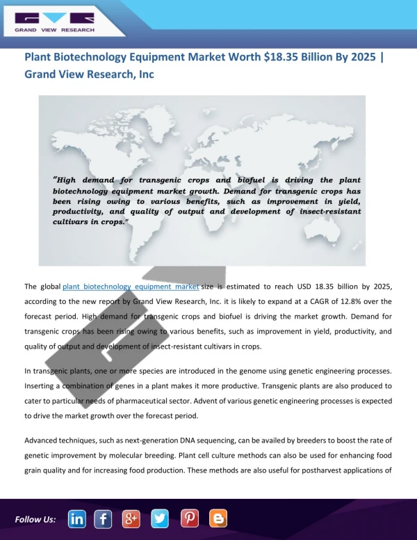 Plant Biotechnology Equipment Market Anticipated to Achieve Lucrative Growth by 2025