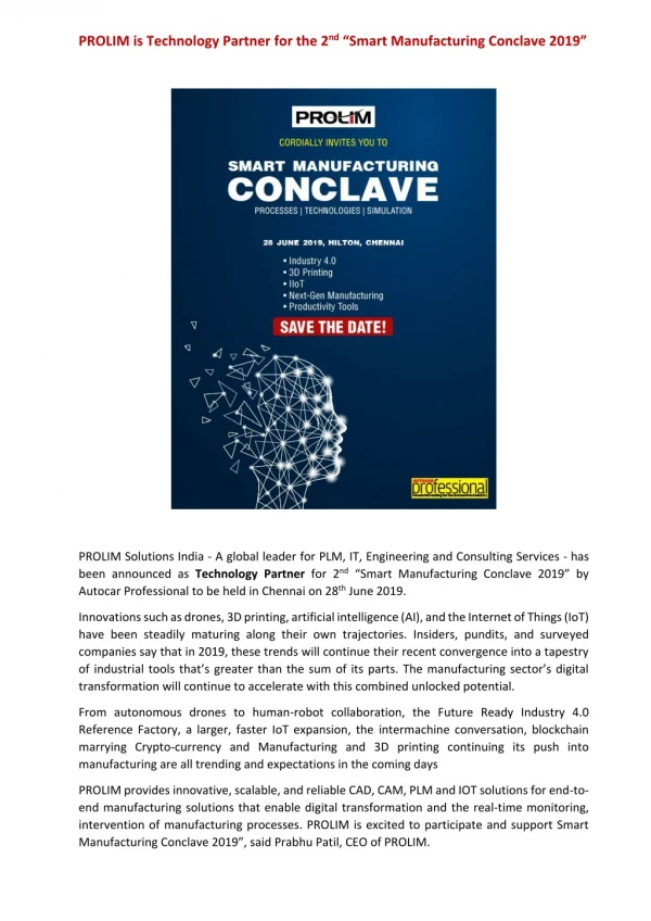 PROLIM is Technology Partner for the 2nd “Smart Manufacturing Conclave 2019”