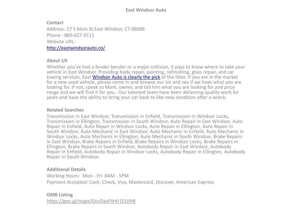 east windsor auto contact address 17 s main