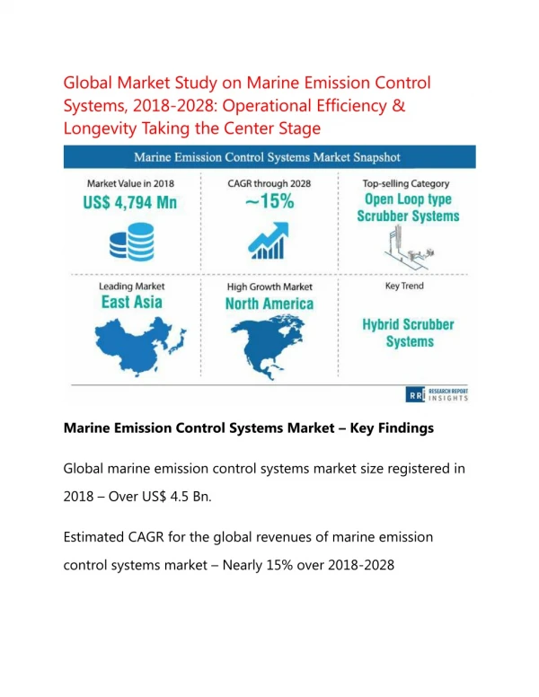 Marine Emission Control Systems Market Reflecting a CAGR of 15% During the Forecast Period 2019-2028