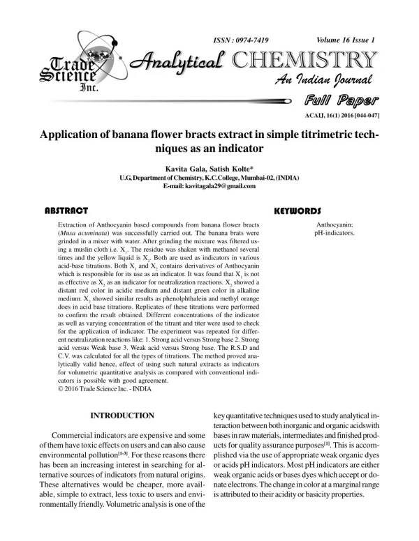 Application of banana flower bracts extract in simple titrimetric tech- niques as an indicator