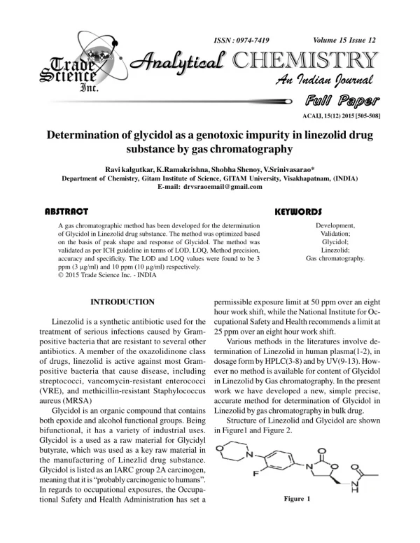 Determination of glycidol as a genotoxic impurity in linezolid drug substance by gas chromatography