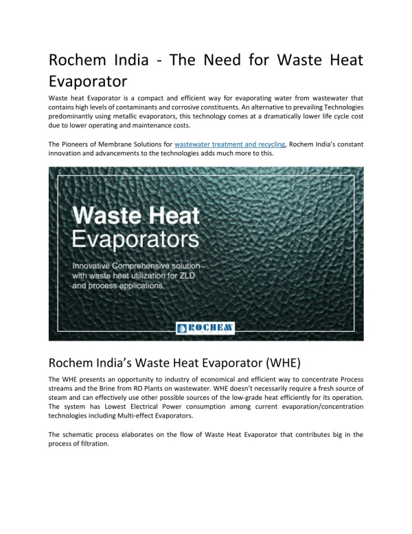 Rochem India - The Need for Waste Heat Evaporator