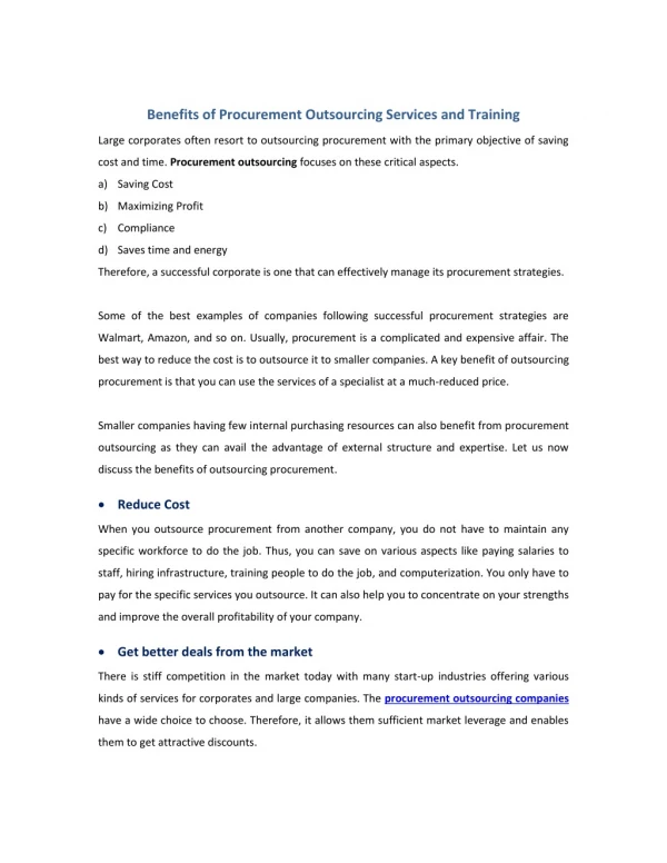 Benefits of Procurement Outsourcing Services and Training